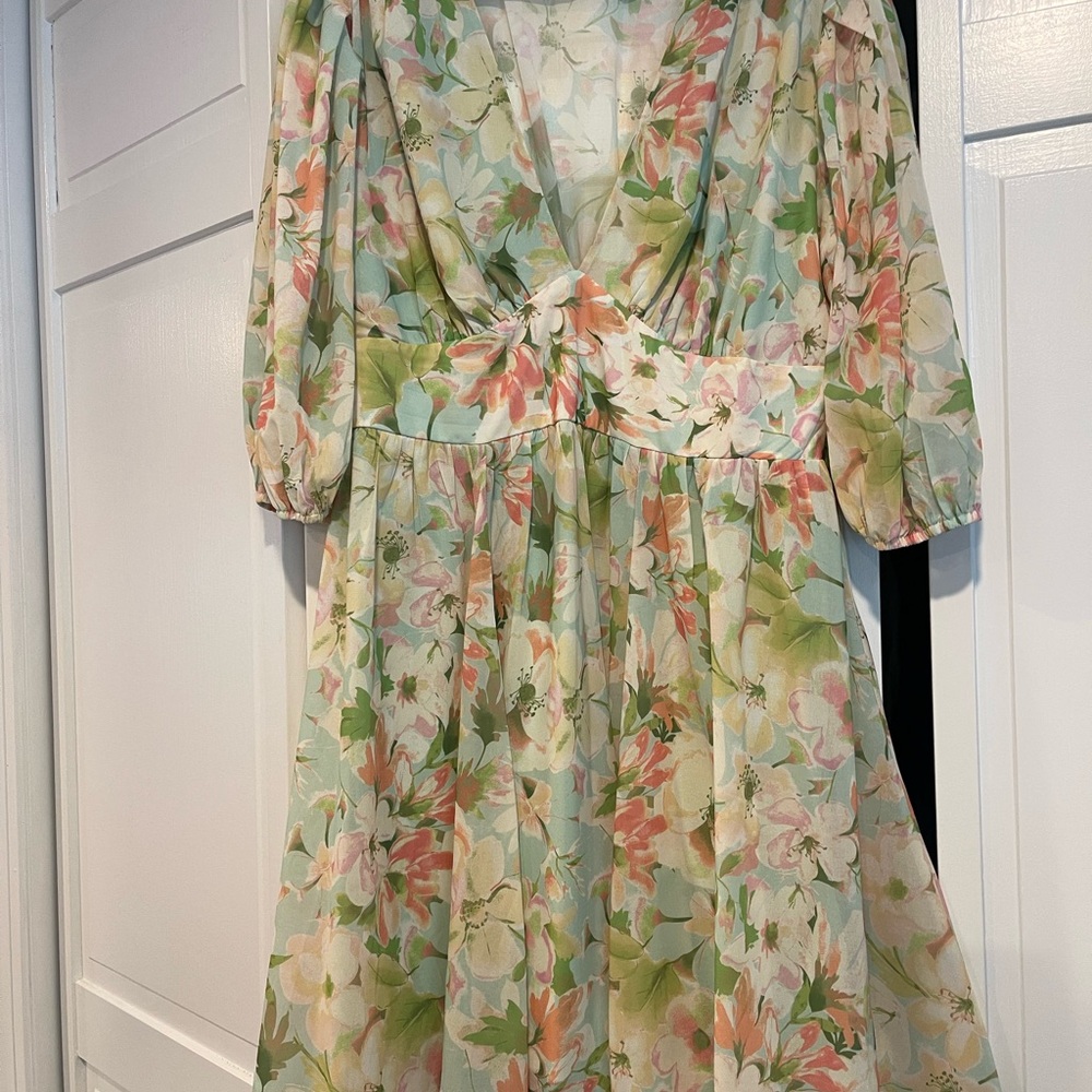 Green and Orange Wrap Midi Dress with Bishop Sleeves